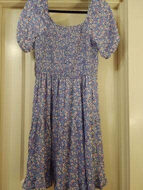 Blue Floral Smocked Womens Dress with Puff Sleeves